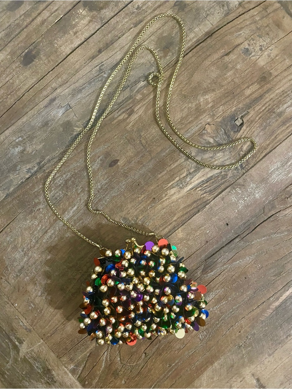 Beaded Multicolor Evening Wristlet Clutch in Black with Gold Chain